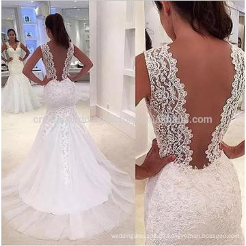 La manga del casquillo del vintage 2016 de Vestido De Noiva Appliques mueve hacia atrás vestidos de boda de la sirena del cordón de Casame MW957